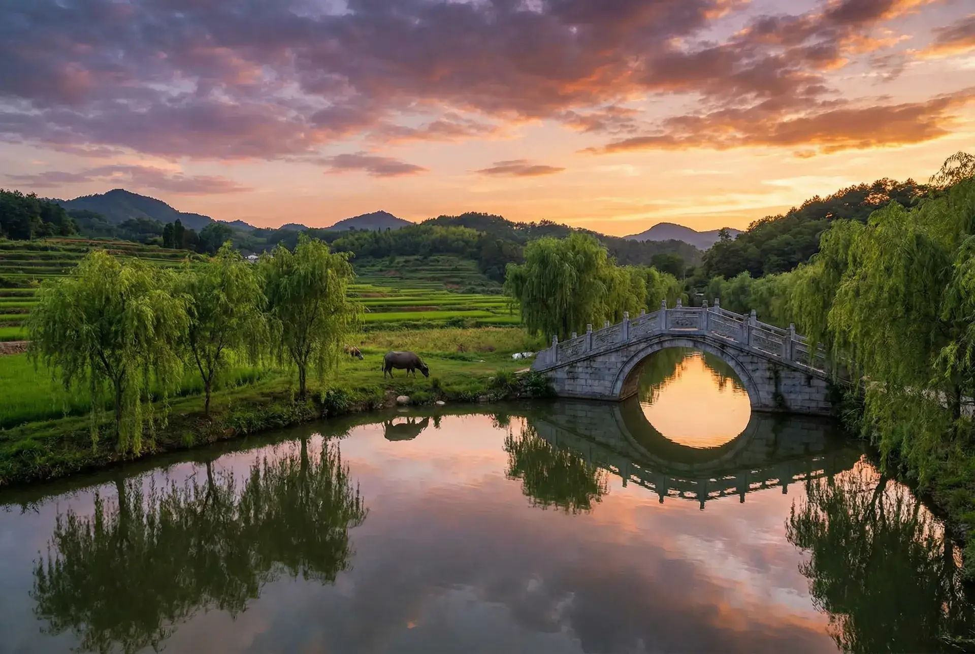 夕阳下的石拱桥与垂柳，水牛在河边吃草 - 撕掉美女衣服 乡村美景